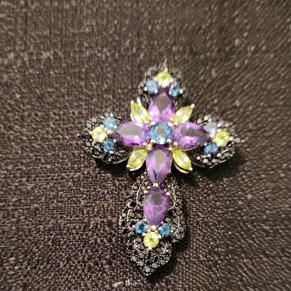 STERLING SILVER LARGE COLORFUL NATURAL GEMSTONES CROSS PENDANT.STUNNING.